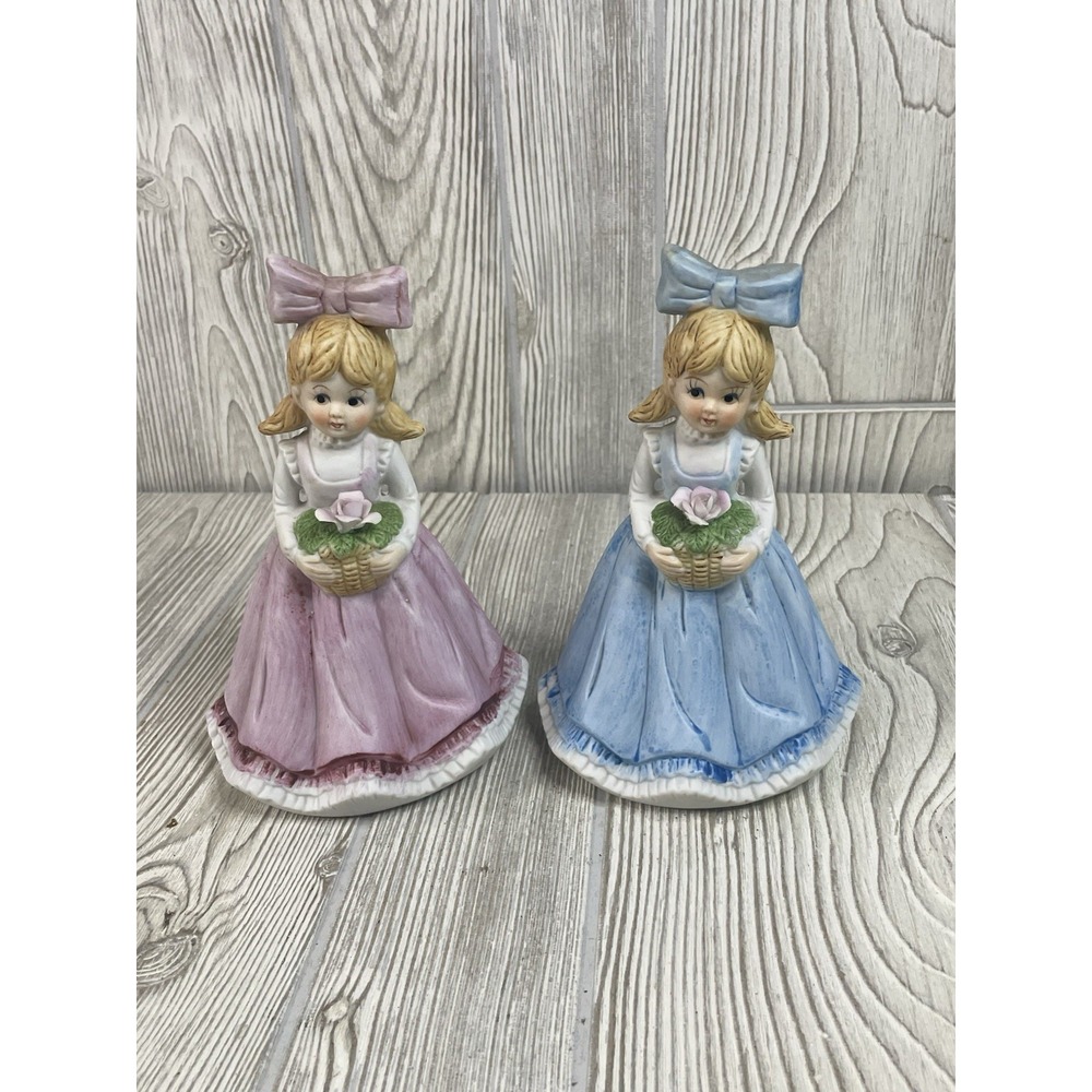 Vintage Ceramic Girl Bell Figurines Set Pink Blue Dress Roses Taiwan ROC Pair